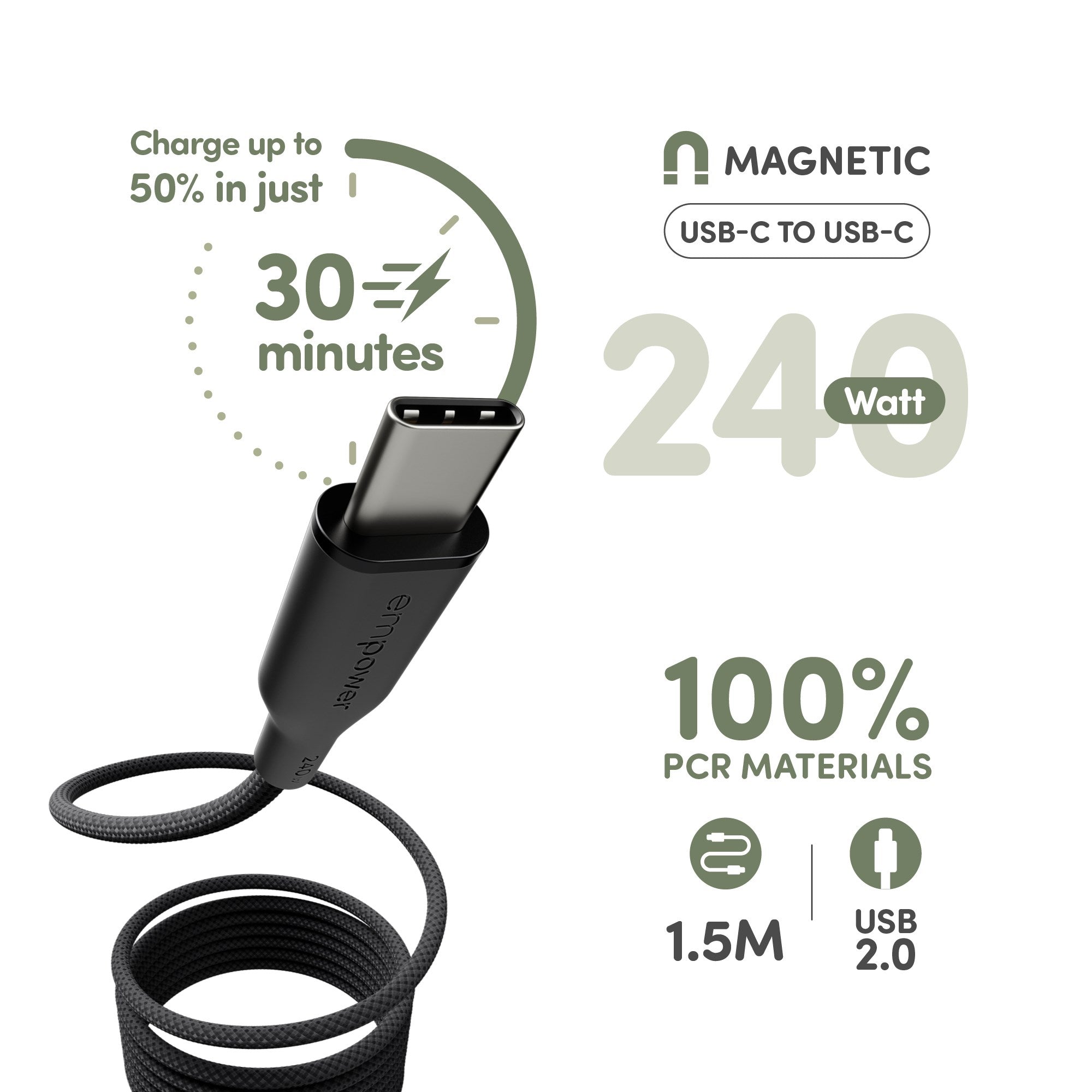 empower™ by PanzerGlass® Magnetic 240W USB-C to USB-C Cable | USB 2.0 | 1.5M | Space Black